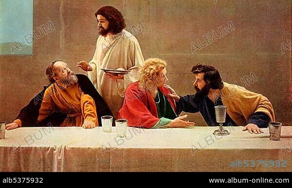 Last Supper, colour post card from a Uvatypie template, Oberammergau Passion Play 1930, Upper Bavaria, Bavaria, Germany, Europe.