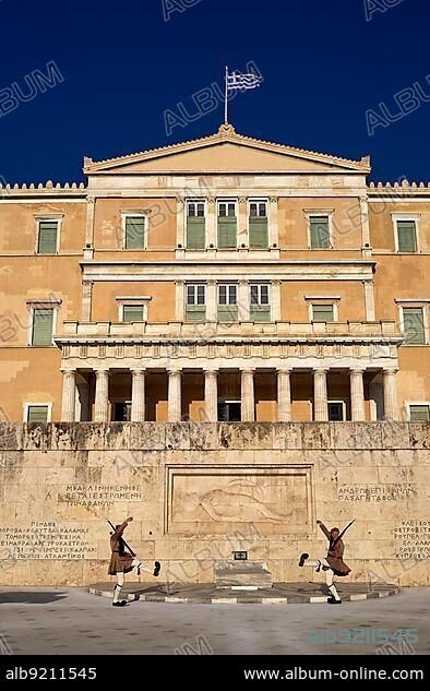 Athens Greece. Changing of the guard in Syntagma square in front of the Hellenic Parliament.