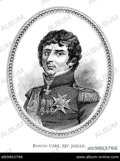 Charles XIV III John (Swedish: Karl XIV Johan), born Jean-Baptiste Bernadotte, later renamed Jean-Baptiste Jules Bernadotte (26 January 1763 ? 8 March 1844) was King of Sweden (as Karl XIV Johan) and King of Norway (as Karl III Johan) from 1818 until his death. He was also the first Sovereign Prince of Pontecorvo, Italy. Engraving by Ida Falander (1842-1927), published in Starbäck, Bäckström: Berättelser ur Svenska Historien ca 1880.