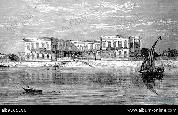 The Gezireh Palace, Gezira Palace, Zamalek Palace is a guest house built between 1863 and 1868 by the German architect Julius Franz for high visitors of the Khedive Ismail Pasha, in Cairo, Egypt, digitally restored reproduction of an original 19th century design, exact original date not known, Africa.