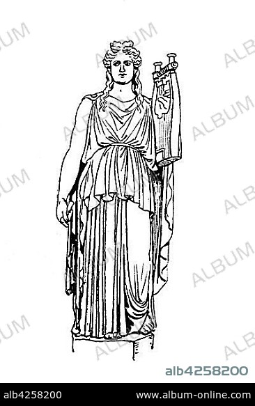 Fashion, clothing in Greece, heyday from the 5th to the 4th century BC, Apollo as a citharoede and chorus leader of the muses in the long female spotting, woodcut, Greece, Europe.