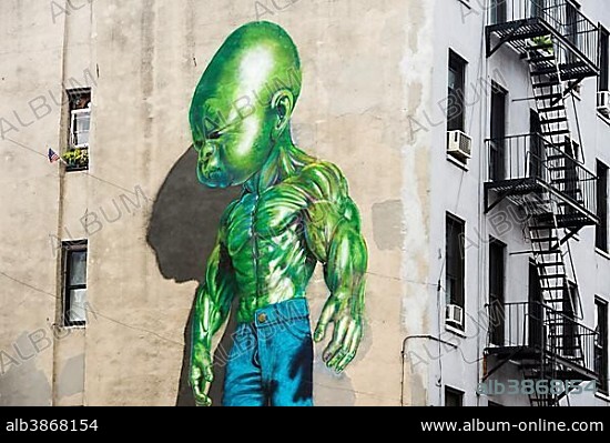 Street art, graffiti, painted wall of a building, Soho, Manhattan, New York, United States, North America.
