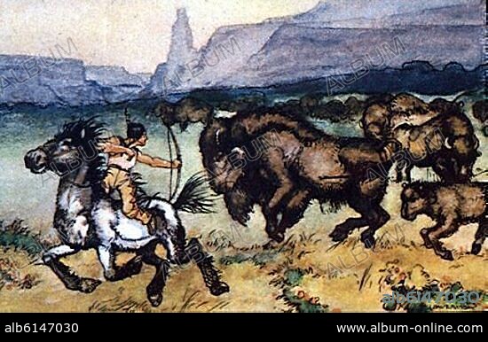 JUAN LLAVERIAS. ESCENA DE CAZA DEL BISONTE EN PRADERAS DEL OESTE POR INDIOS A CABALLO.