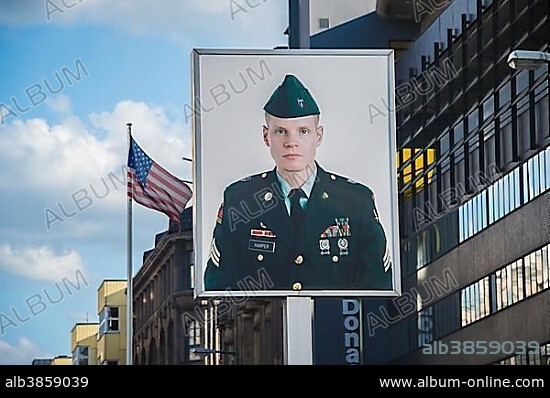 Portrait of a soldier, Checkpoint Charlie, Berlin, Germany, Europe.