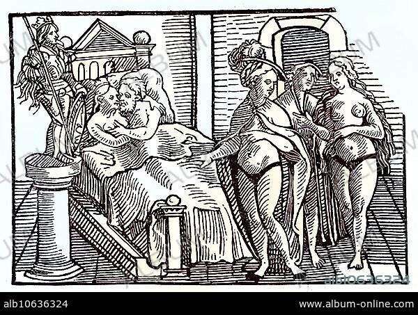 Digitally restored, Loving couple, couple in bed and woman with chastity belt, erotic illustration, love services, prostitution, publication from the year 1882, Digitally improved:, Loving couple, couple in bed and woman with chastity belt, erotic illustration, love services, publication from the year 1882.
