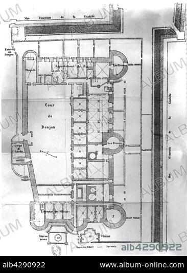 Blueprint of the dungeon of the Pignerol fortress, where the Man in the Iron Mask was imprisoned (Novel by Alexandre Dumas). June 26, 1695. France.
