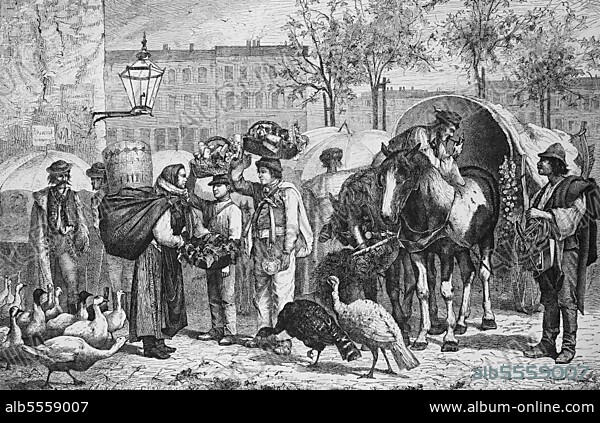 Slawen und Ungarn auf dem Naschmarkt in Wien, Österreich, History, digitale Reproduktion einer Originalvorlage aus dem 19. Jahrhundert.