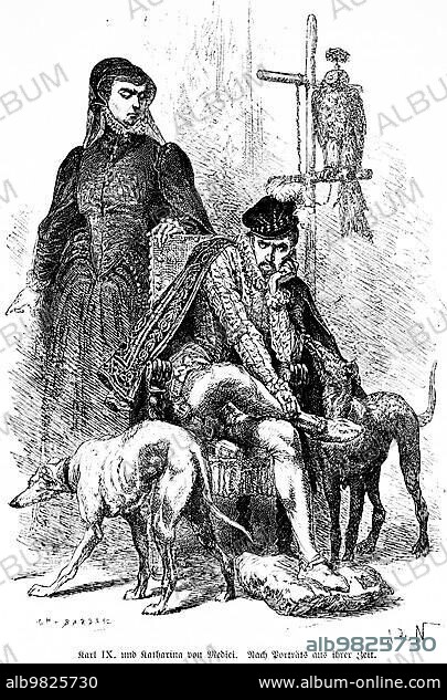 King Charles IX and Catherine de Medici; France; Queen; portrait; dog; chair; sitting; bird; grumpy; distrust; married; nobility; religion; important woman; 16th century; history; historical illustration 1894; Europe.