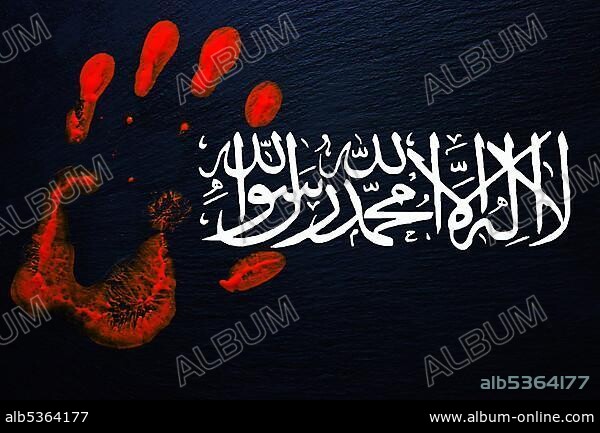 Slate with a bloody handprint and the flag of the Taliban with the inscription, There is no God but Allah, Mohammed is his messenger, Germany, Europe.