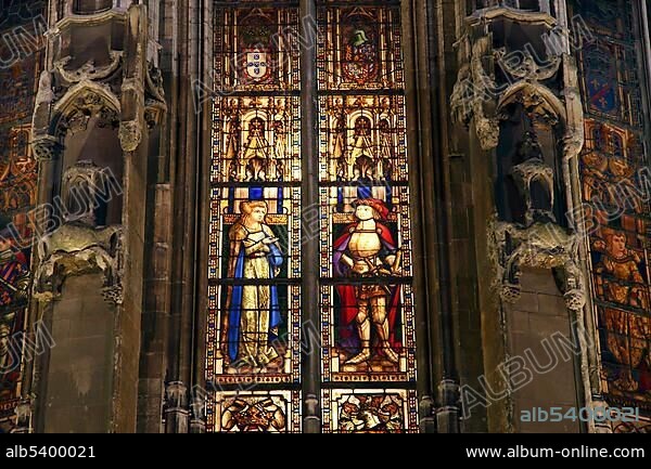 Stained glass windows at the Stadthuis historic city hall, Ghent, East Flanders, Belgium, Europe.