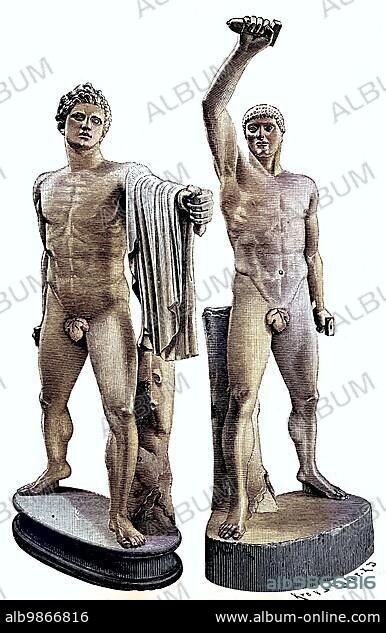 The ancient statuary group is called Tyrannicide, depicted are Harmodios and Aristogeiton, they killed the brother of the tyrant Hippias, Hipparchus in 514 BC, they were Athenian heroes whose courage paved the way for Athenian democracy, founded 477-476 BC, now in the National Archaeological Museum Naples, Italy, digital improved reproduction of an original 19th century print, Europe.
