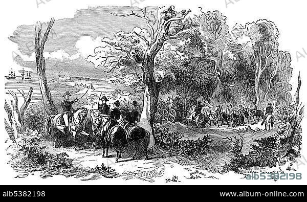 Historical drawing from the U.S. history of the 19th century, Andrew Jackson 1767 - 1845, 7th President of the United States at the Battle of Pensacola in the War of 1812.