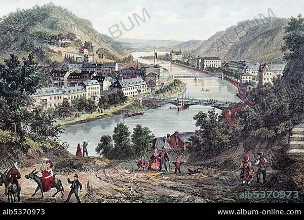 View of Bad Ems on the Lahn river, about 1865, historic cityscape, steel engraving, Rhineland-Palatinate, Germany, Europe.