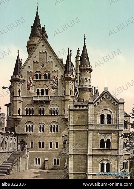 Neuschwanstein Castle; Gate building; Bavaria; Germany; Historic; digitally restored reproduction of a photochromic print from the 1890s; Europe.