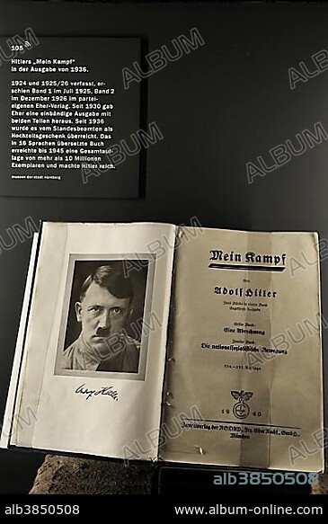 The book "Mein Kampf", 1936 edition, by Adolf Hitler, part of the permanent exhibition, "Fascination and Violence", in the Documentation Centre Nazi Party Rally Grounds, Nuremberg, Middle Franconia, Bavaria, Germany, Europe.