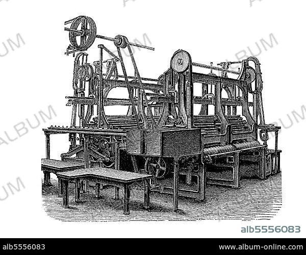 Maschinen zur Herstellung von Leinen, Textilindustrie 19. Jahrhundert, digital restaurierte Reproduktion einer Originalvorlage aus dem 19. Jahrhundert.