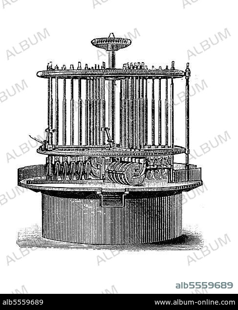 Maschinen zur Verarbeitung von Tabak 1890: Rundmessermaschine, digital restaurierte Reproduktion einer Originalvorlage aus dem 19. Jahrhundert.