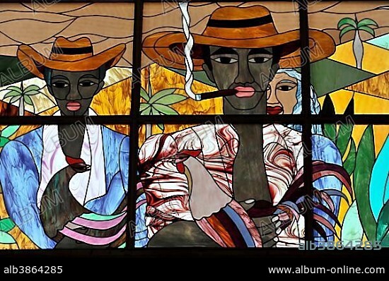 Coloured, stained glass windows in the lobby, reception area of the 4-star Brisas Trinidad Del Mar Hotel, Trinidad, Cuba, Greater Antilles, Caribbean, Central America, America, Central America.