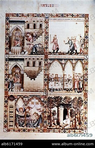 ALFONSO X DE CASTILLA EL SABIO. MTI1- CANTIGA STA Mº Nº 42-FOL. 61 V. CLERIZONTE METIO EL ANILLO EN EL DEDO DE LA VIRGEN.MINIATURA S.