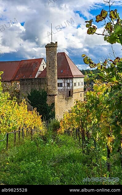 Surrounded by vineyards; Oberes Schloss; also Obere Burg; a medieval hilltop castle complex in Talheim in the Heilbronner Land region of Baden-Württemberg; Germany; during a thunderstorm; Europe.