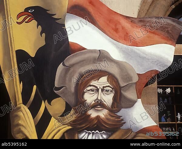 "Cardboard-Landsknecht" with Nuremberg-flag in front of a shop selling tin-figures, Nuremberg, Frankonia, Bavaria, Germany, Europe.