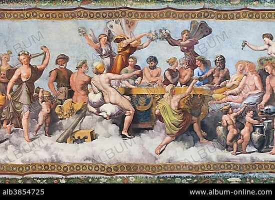 The Banquet of the Gods, by Raphael or Raffaello Sanzio of Urbino, ceiling fresco depicting the marriage of Cupid and Psyche, Villa Farnesina, Trastevere, Rome, Lazio, Italy, Europe.