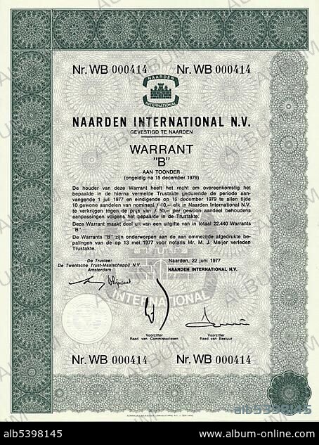 Historical share certificates in Dutch Guilders, hfl, glycerin distillation, flavours and fragrances, Naarden International NV, 1977, Amsterdam, The Netherlands, Europe.