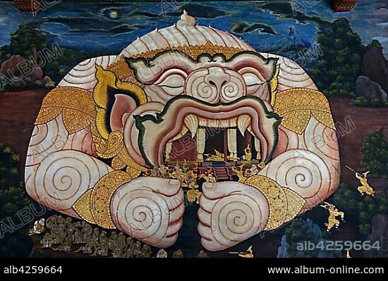 Hanuman protects Ramas Pavilion, Ramakia Wall Painting, Wat Phra Kaeo, Old Royal Palace, Temple of Emerald Buddha, Bangkok, Thailand, Asia.