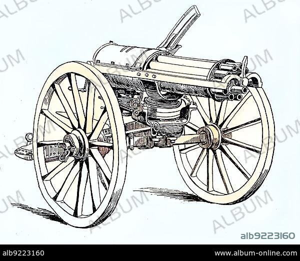 A Mitrailleuse, Grapeshot is a type of multi-barrelled rifle calibre salvo capable of firing either several shots at once or several shots in rapid succession, The Gatling gun is one of the best known early spring-action, hand-cranked rapid-fire weapons and a forerunner of the modern machine gun, Situation from the time of the Franco-Prussian War, 1870-1871, Historic, digitally restored reproduction from a 19th century original.
