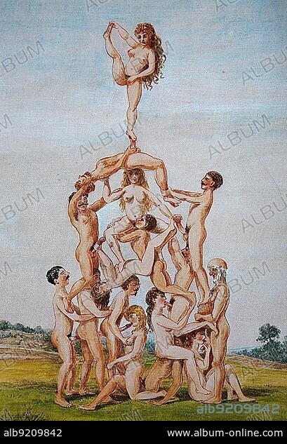 Victorian era erotic illustration, circa 1880, in England, acrobatics, group sex in a human pyramid, Historical, digitally restored reproduction of an original 19th century artwork, exact original date unknown.