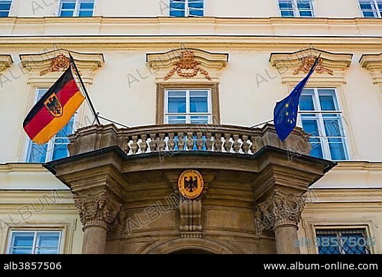 German Embassy with waving flags, Portal, Lobkowicz Palace, Prague, Bohemia, Czech Republic, Europe.