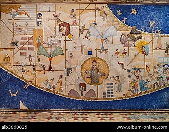 Mosaic wall with the history of Tel Aviv, detail, artist Nachum Gutman, shopping arcade in Shalom Meir Tower, also Migdal Shalom Tower, Tel Aviv-Yafo, Tel Aviv, Israel, Asia.