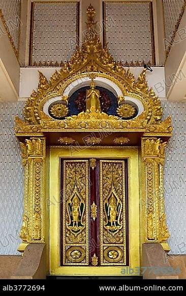 Entrance, gilded gate, holy bot of Wat Pa Saeng Arun, Khon Kaen, Isan, Thailand, Asia.