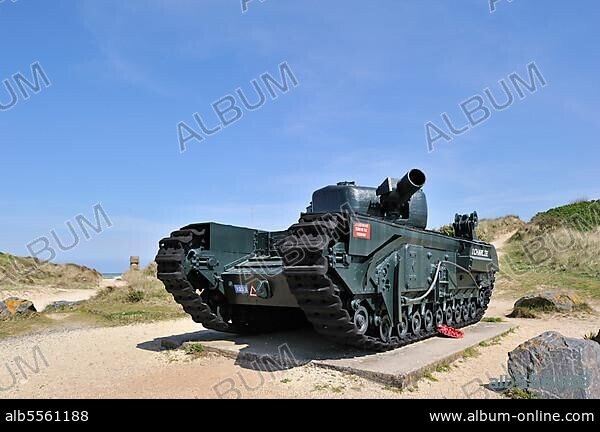 AVRE Churchill MK VIII tank at Juno Beach, Courseulles-sur-Mer, Normandy, France, Europe.