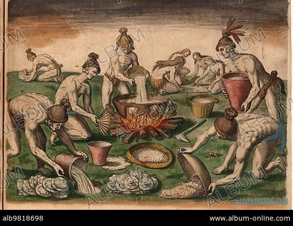 Men pour grain into a pot on the fire while woman sort food on the floor. Plates lie to be washed next to a hole where water has been placed. A man grinds herbs on a stone in the background. Includes baskets; cooking utensils and a fan; Historic; digitally restored reproduction of an original from the period.