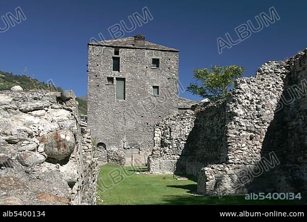 Roman ruins in the old town of Aosta, Aosta valley, Italy, Europe.