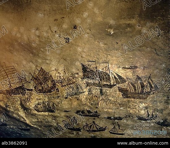 Viking Cave, Wai King Cave, historical wall paintings of various ships, Ko Phi Phi Lee, Phi Phi Islands, Krabi Province, Southern Thailand, Thailand, Asia.