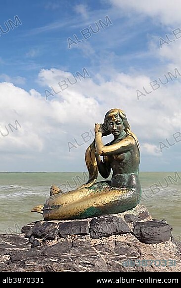Golden mermaid statue on Samila beach, Songkhla, Thailand, Asia.