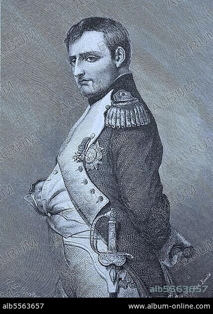 Napoleon Bonaparte, 15. August 1769, 5. Mai 1821, war ein französischer Staatsmann und Militärführer, der während der Französischen Revolution zu großer Bekanntheit gelangte und während der Französischen Revolutionskriege mehrere erfolgreiche Feldzüge führte, Historisch, digital restaurierte Reproduktion einer Originalvorlage aus dem 19. Jahrhundert, genaues Originaldatum nicht bekannt.