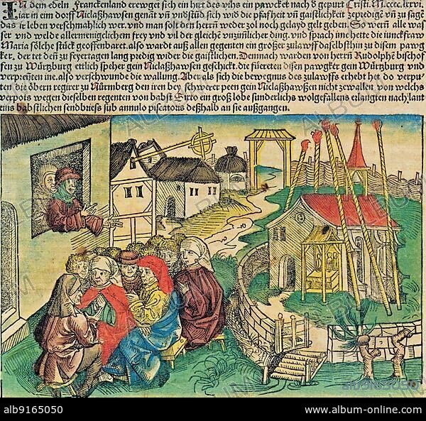 Hans Böhm or Hans Behem, Pauker von Niklashausen (born around 1458) (died 19 July 1476), Pfeiferhannes, Pfeiferhänslein, was a cattle herder, musician, preacher and initiator of the Niklashausen pilgrimage of 1476. Account of the Pauker von Niklashausen in the Schedelsche Weltchronik of 1493, Historical, digitally restored reproduction of an original from the 19th century, exact original date unknown.