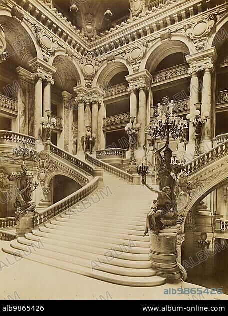 The Grand Staircase of the Opera, 9th arrondissement, 1880, Paris, France, Historic, digitally restored reproduction from an original of the period, Europe.