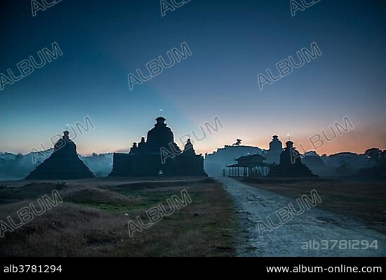 Laymyetnta Pagoda or Temple at twilight, blue hour, Mrauk U, Sittwe District, Rakhine State, Myanmar, Asia.