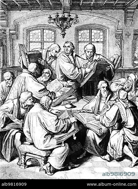 Martin Luther; Bible translation; languages; Latin; German; Ancient Hebrew; Ancient Greek; Aramaic; Protentatism; group; interior; table; work; window; chandelier; religion; Christianity; 16th century; historical illustration around 1860.