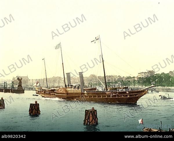 The Royal Yacht Osborne; paddle steamer owned by the British Government and operated by the Royal Navy; Germany; c. 1900; Historic; digitally restored reproduction of a photochrome print from the period; Europe.