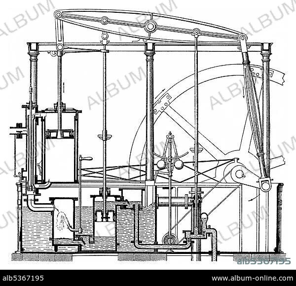 Historical graphic representation, technical drawing, steam engine, piston heat engine, the contained thermal energy or pressure in steam is transformed into mechanical work, Watt's low pressure engine by James Watt, 19th Century, from Meyers Konversations-Lexikon encyclopaedia, 1890.
