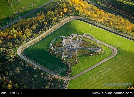 Tiger and Turtle Magic Mountain, Landmarke Angerpark park, aerial view, artists Heike Mutter und Ulrich Genth, Duisburg, Ruhr area, North Rhine-Westphalia, Germany, Europe.