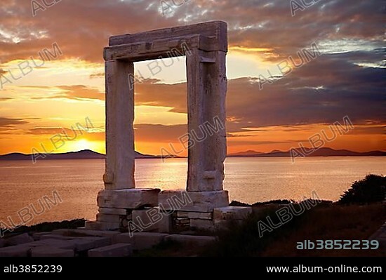 Portara, doorway, entrance, ruins of the ancient Apollo Temple, Naxos, Cyclades island, Greece, Europe.
