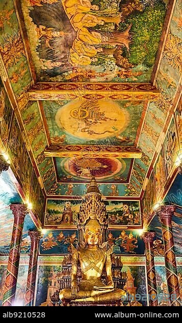 The golden interiors of the Wat Phnom Temple in Phnom Penh, Cambodia, Asia.