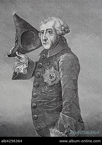 Portrait of Frederick II or Frederick the Great, popularly also the Old Fritz, 24 January 1712, 17 August 1786, King of Prussia, woodcut, Germany, Europe.