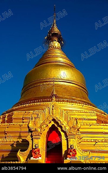Golden stupa of Kuthodaw Paya against the blue sky Mandalay Burma.